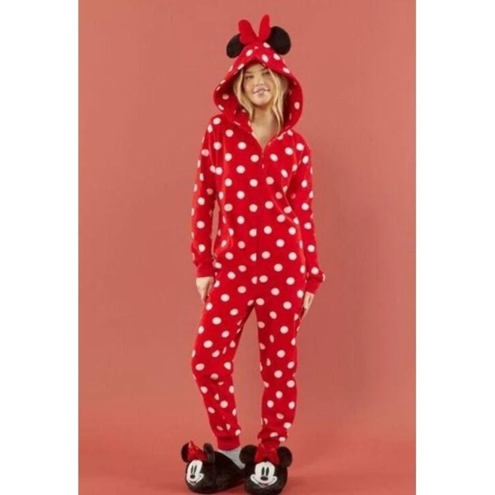 Disney Forever 21 Minnie Mouse Pajama One-Piece Sl Red Polka Dot Costume Hooded